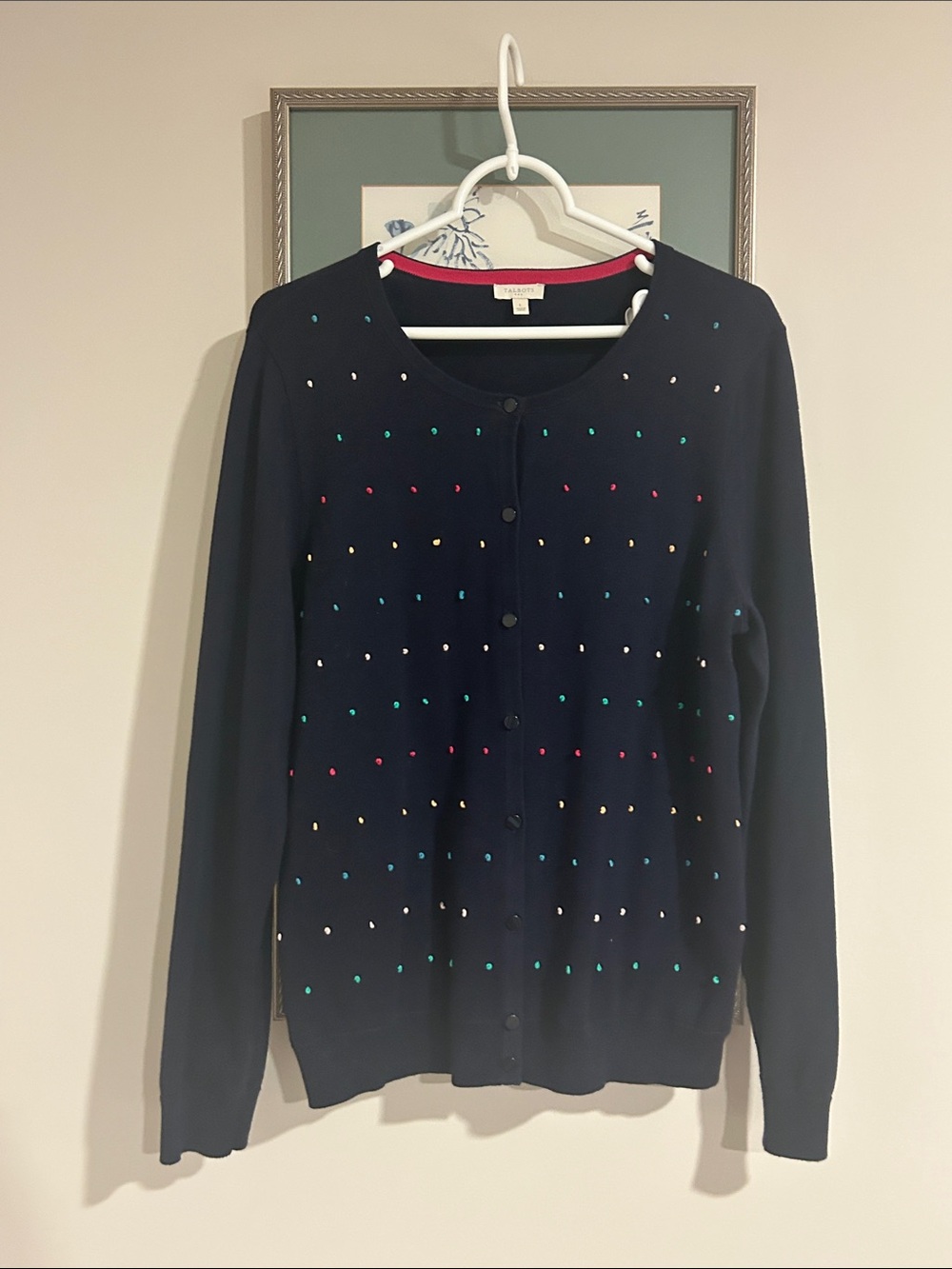 Talbots Navy Crewneck Cardigan with Multicolor Dot Accents